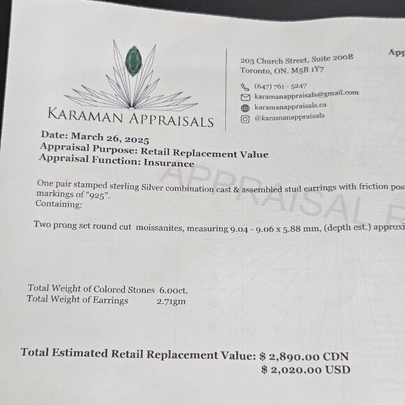 6CT Moissanite Stud Earrings (2x 3CT) Sterling Silver 925, Appraised - Picture 7 of 10